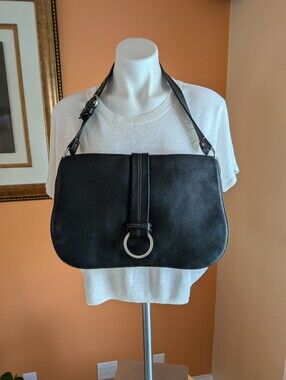 Cole Haan Black Pebbled Leather Shoulder Bag with Ring Accent